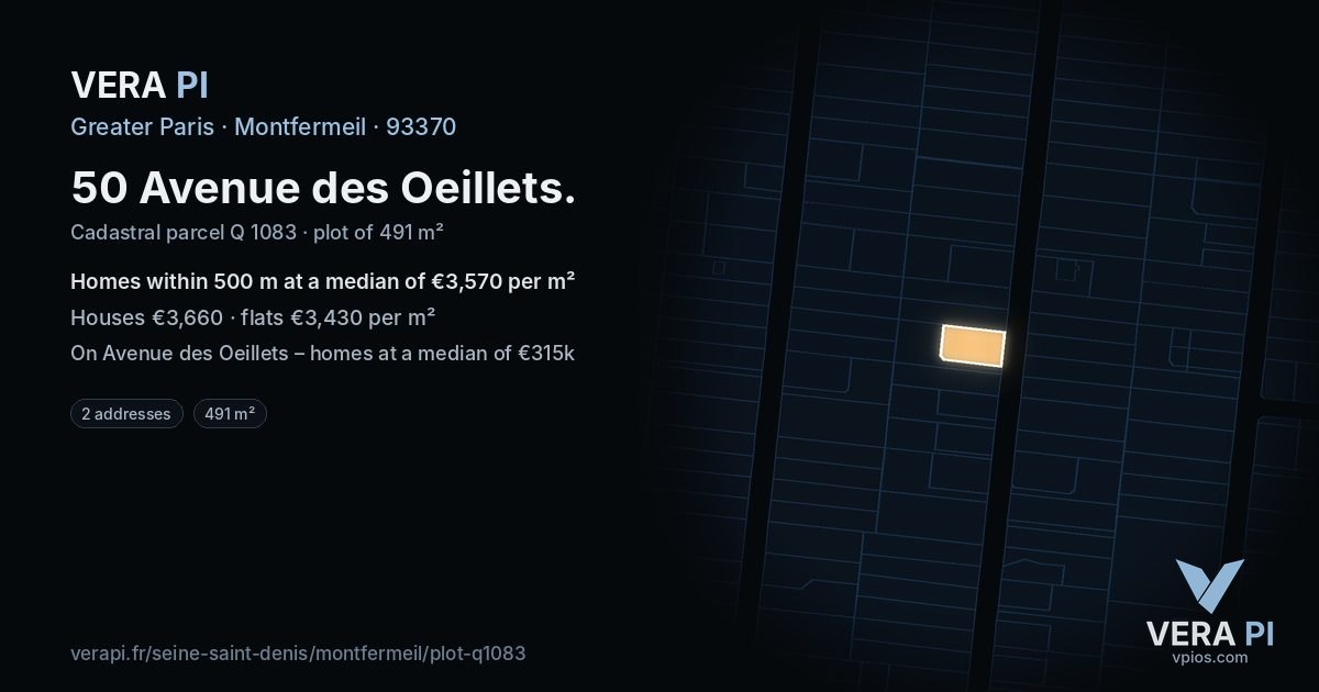 50 Avenue des Oeillets, Montfermeil at night – the plot lit, the parcels around coloured by the prices near them