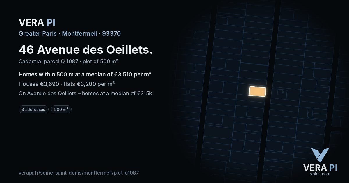 46 Avenue des Oeillets, Montfermeil at night – the plot lit, the parcels around coloured by the prices near them
