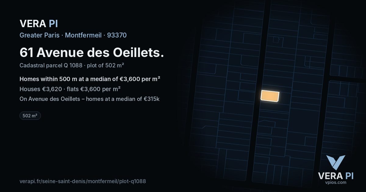 61 Avenue des Oeillets, Montfermeil at night – the plot lit, the parcels around coloured by the prices near them