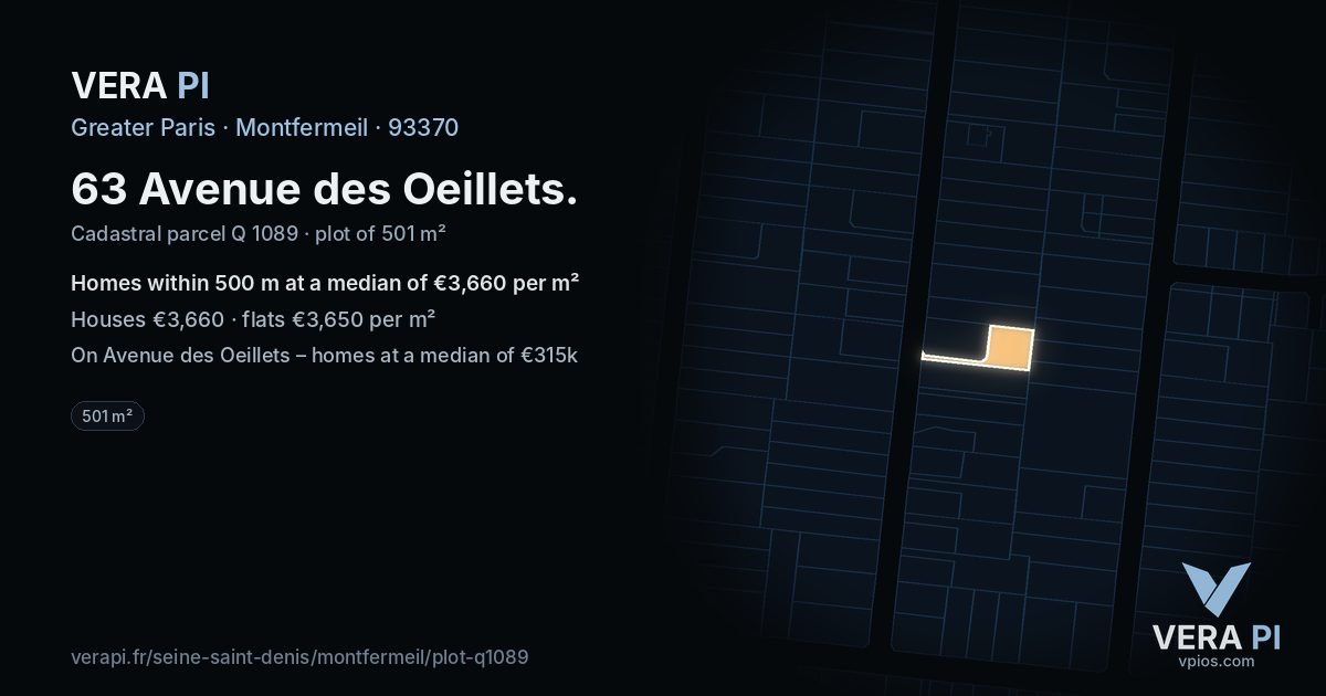 63 Avenue des Oeillets, Montfermeil at night – the plot lit, the parcels around coloured by the prices near them