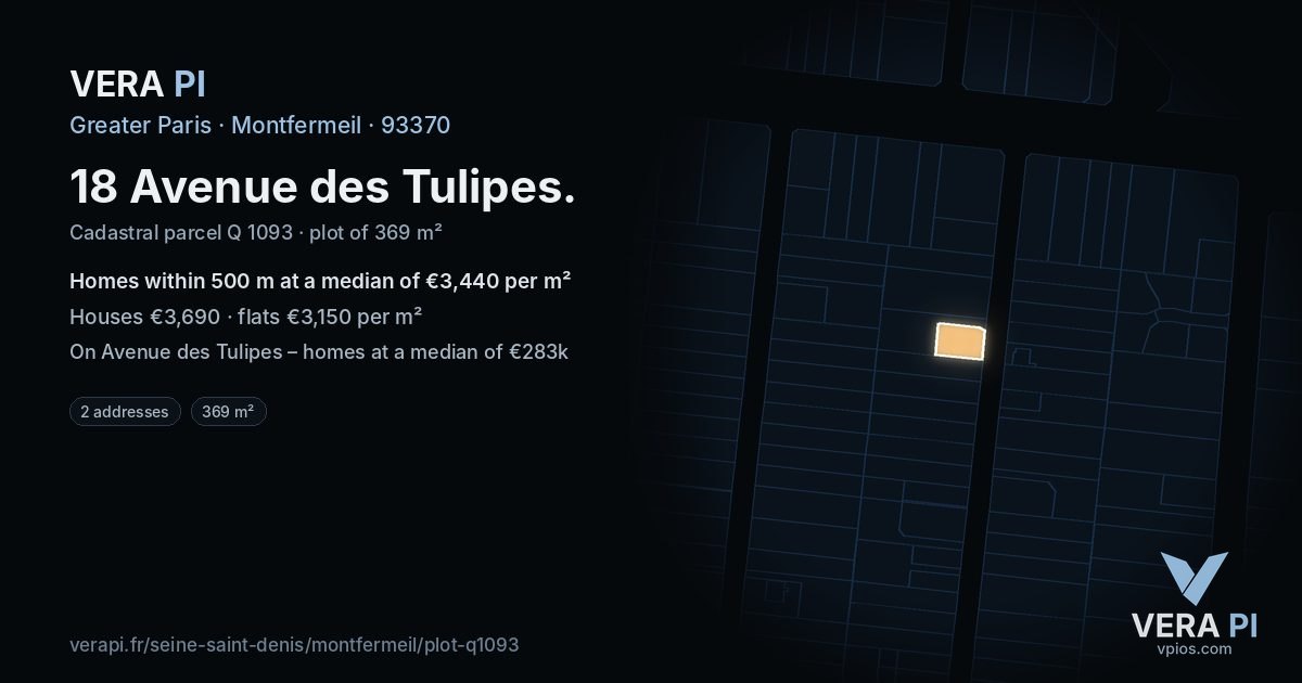 18 Avenue des Tulipes, Montfermeil at night – the plot lit, the parcels around coloured by the prices near them
