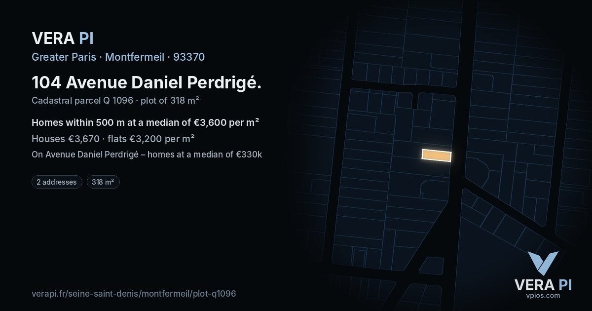 104 Avenue Daniel Perdrigé, Montfermeil at night – the plot lit, the parcels around coloured by the prices near them