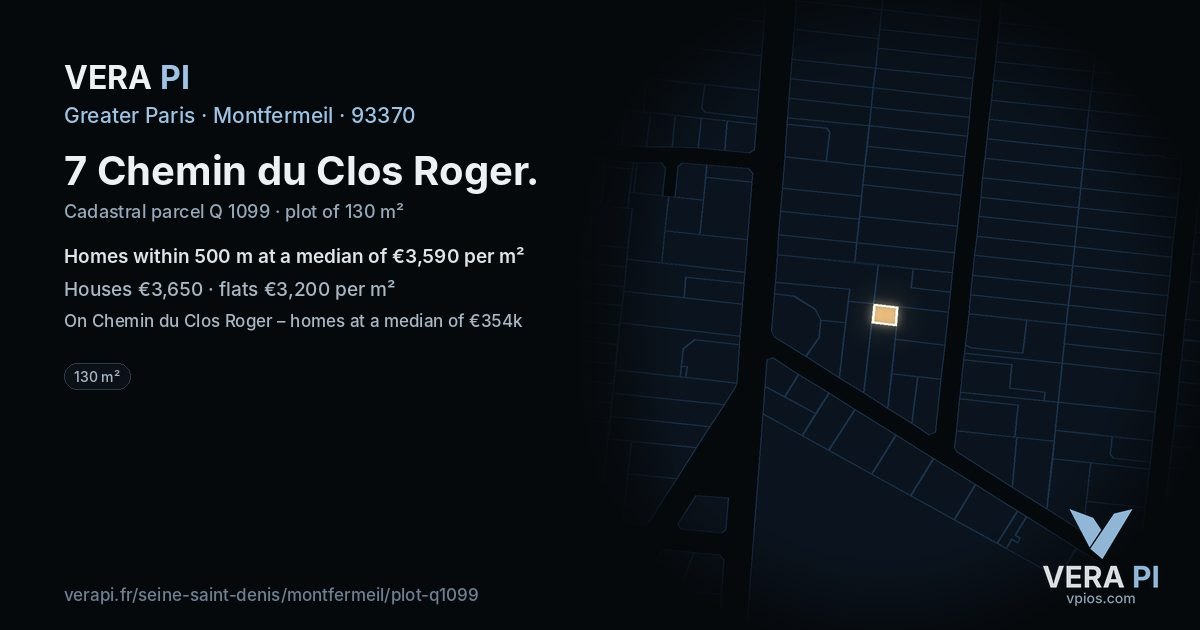 7 Chemin du Clos Roger, Montfermeil at night – the plot lit, the parcels around coloured by the prices near them