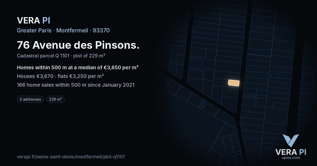 76 Avenue des Pinsons, Montfermeil at night – the plot lit, the parcels around coloured by the prices near them