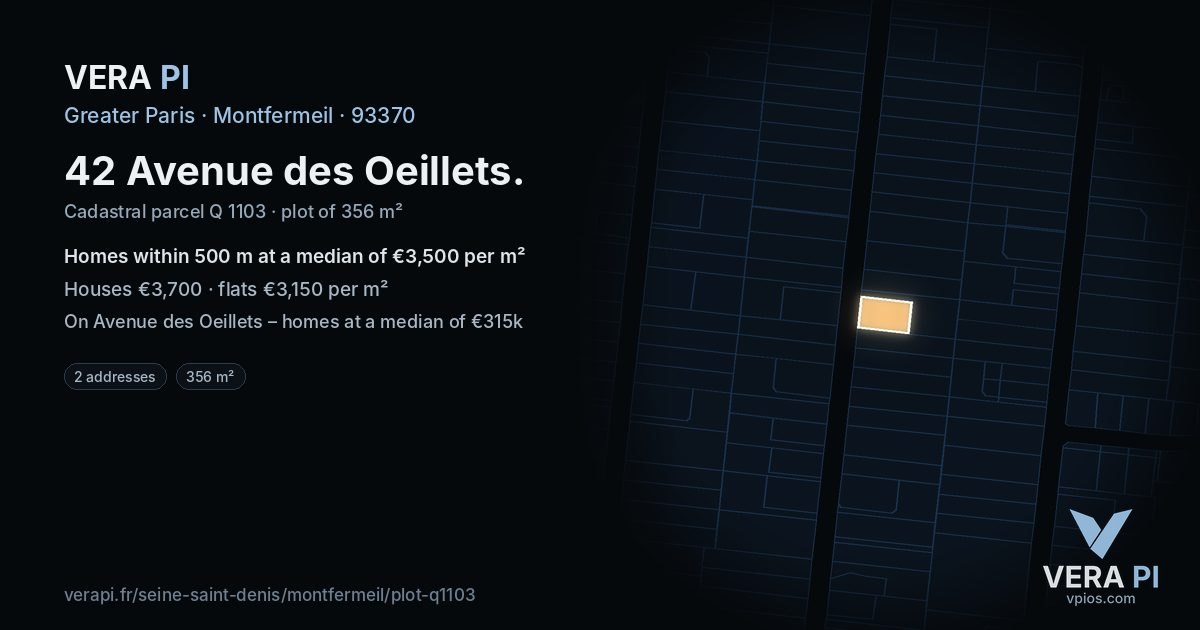 42 Avenue des Oeillets, Montfermeil at night – the plot lit, the parcels around coloured by the prices near them