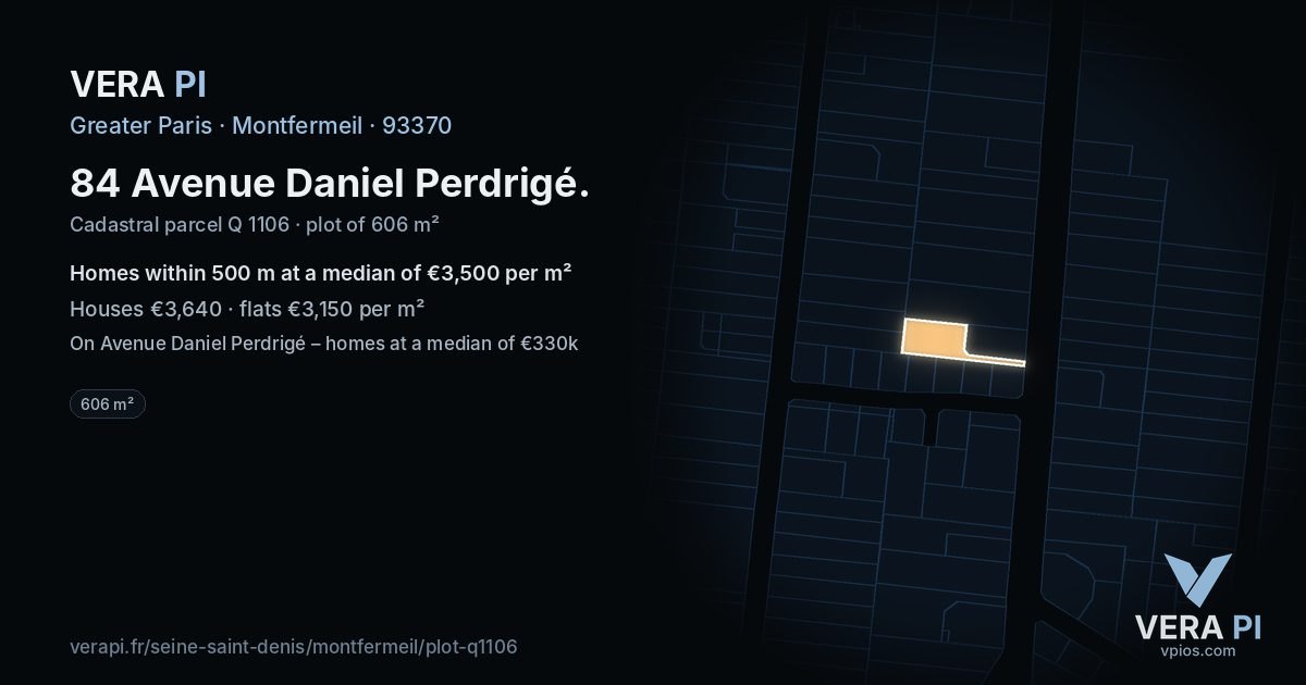 84 Avenue Daniel Perdrigé, Montfermeil at night – the plot lit, the parcels around coloured by the prices near them
