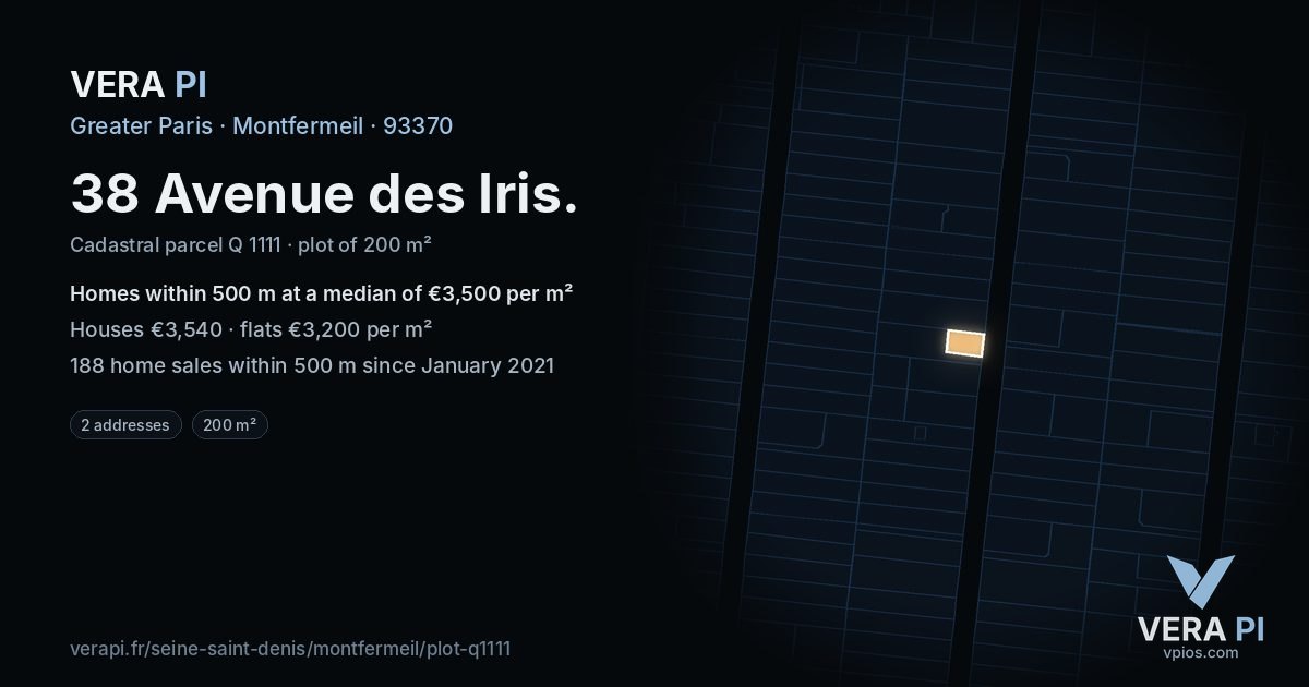 38 Avenue des Iris, Montfermeil at night – the plot lit, the parcels around coloured by the prices near them