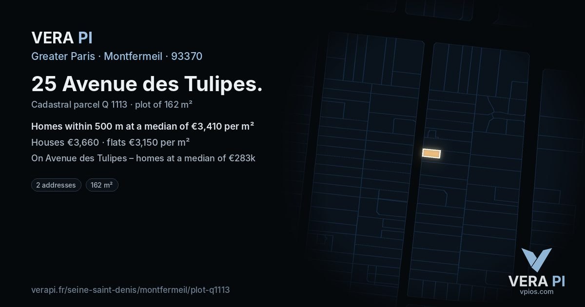 25 Avenue des Tulipes, Montfermeil at night – the plot lit, the parcels around coloured by the prices near them