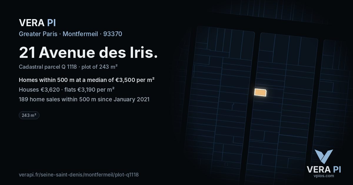 21 Avenue des Iris, Montfermeil at night – the plot lit, the parcels around coloured by the prices near them