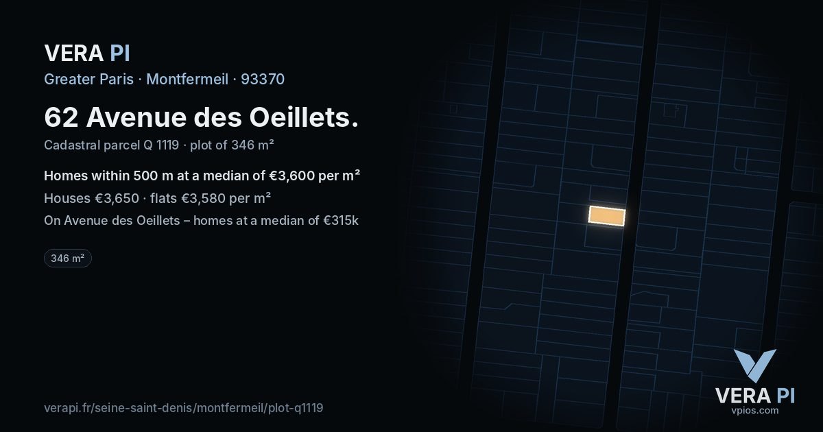 62 Avenue des Oeillets, Montfermeil at night – the plot lit, the parcels around coloured by the prices near them