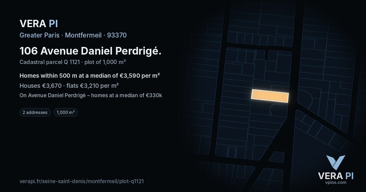 106 Avenue Daniel Perdrigé, Montfermeil at night – the plot lit, the parcels around coloured by the prices near them