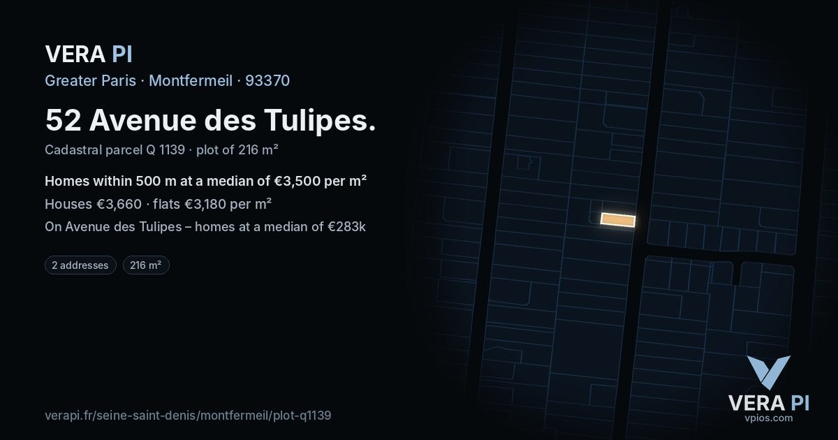 52 Avenue des Tulipes, Montfermeil at night – the plot lit, the parcels around coloured by the prices near them