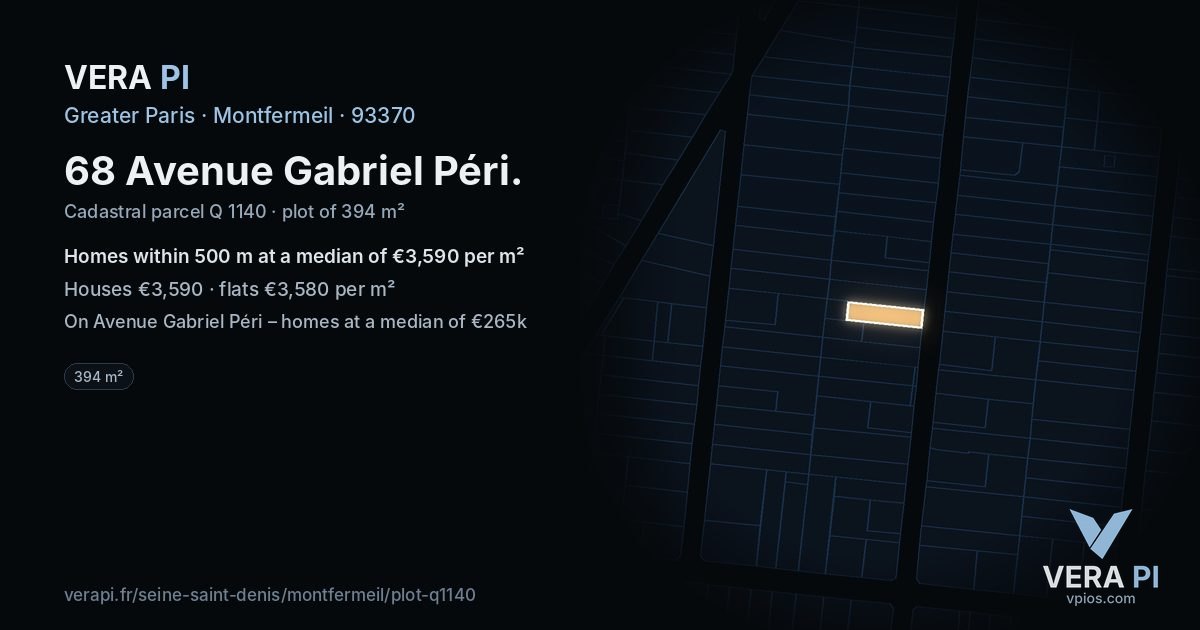 68 Avenue Gabriel Péri, Montfermeil at night – the plot lit, the parcels around coloured by the prices near them