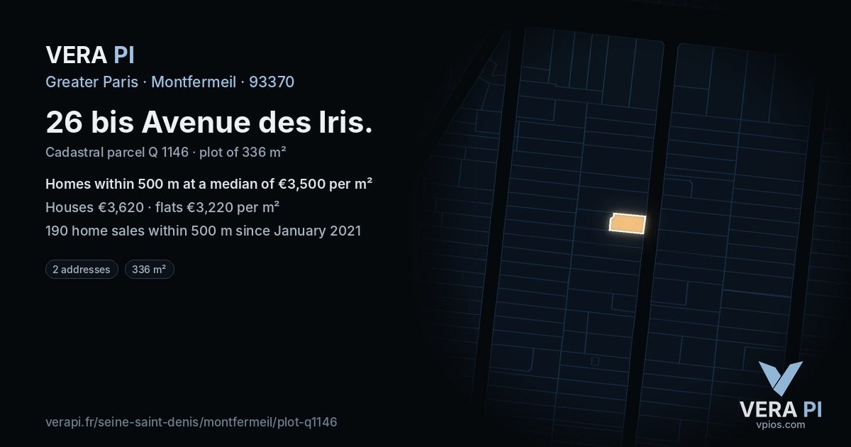 26 bis Avenue des Iris, Montfermeil at night – the plot lit, the parcels around coloured by the prices near them