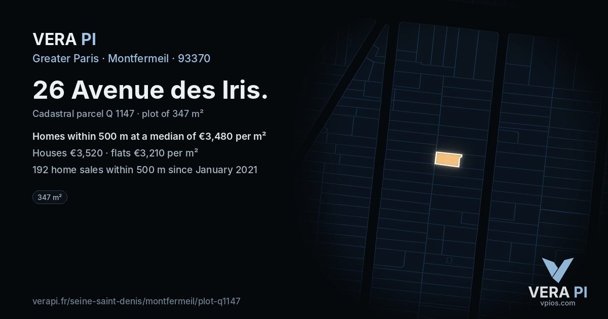 26 Avenue des Iris, Montfermeil at night – the plot lit, the parcels around coloured by the prices near them
