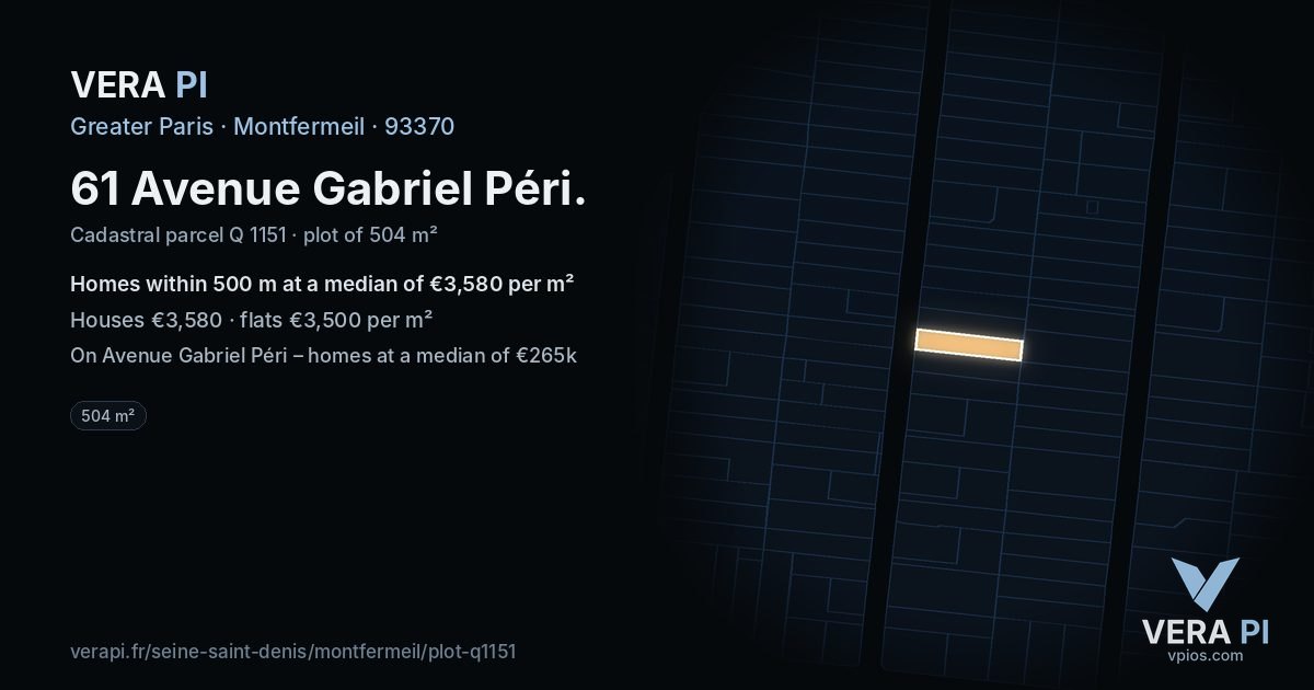 61 Avenue Gabriel Péri, Montfermeil at night – the plot lit, the parcels around coloured by the prices near them