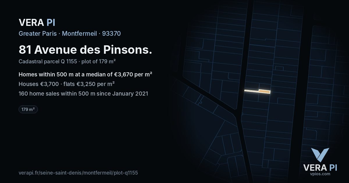 81 Avenue des Pinsons, Montfermeil at night – the plot lit, the parcels around coloured by the prices near them