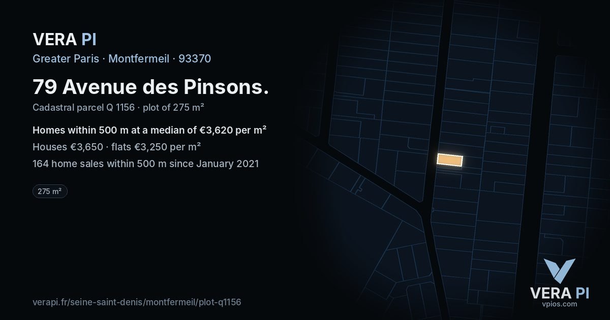 79 Avenue des Pinsons, Montfermeil at night – the plot lit, the parcels around coloured by the prices near them