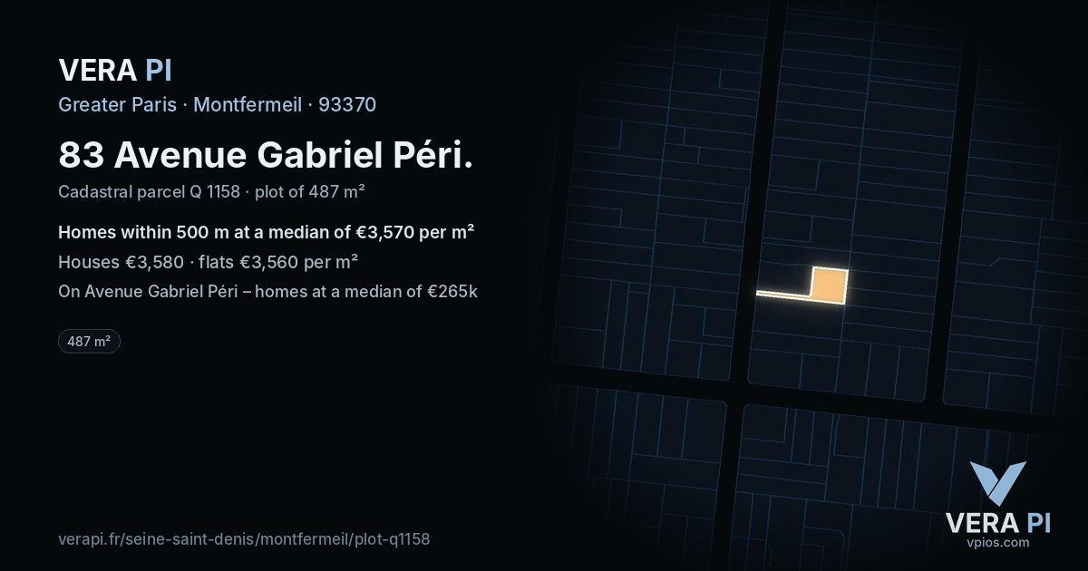 83 Avenue Gabriel Péri, Montfermeil at night – the plot lit, the parcels around coloured by the prices near them