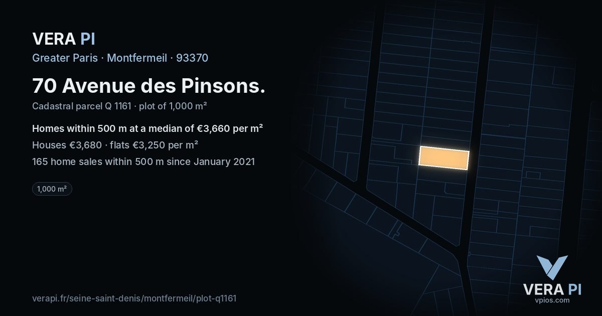 70 Avenue des Pinsons, Montfermeil at night – the plot lit, the parcels around coloured by the prices near them