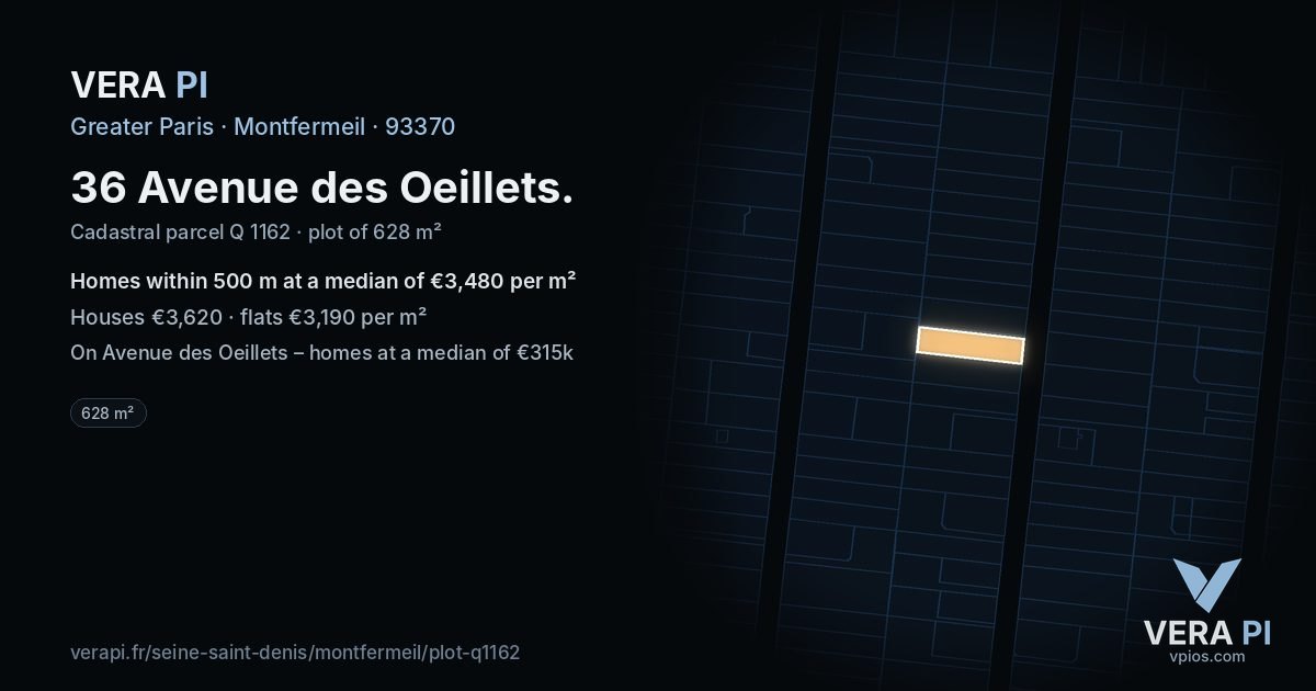 36 Avenue des Oeillets, Montfermeil at night – the plot lit, the parcels around coloured by the prices near them