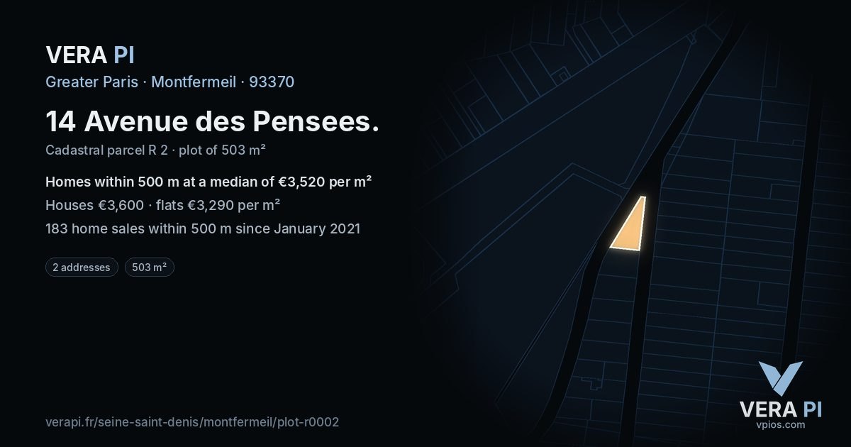 14 Avenue des Pensees, Montfermeil at night – the plot lit, the parcels around coloured by the prices near them
