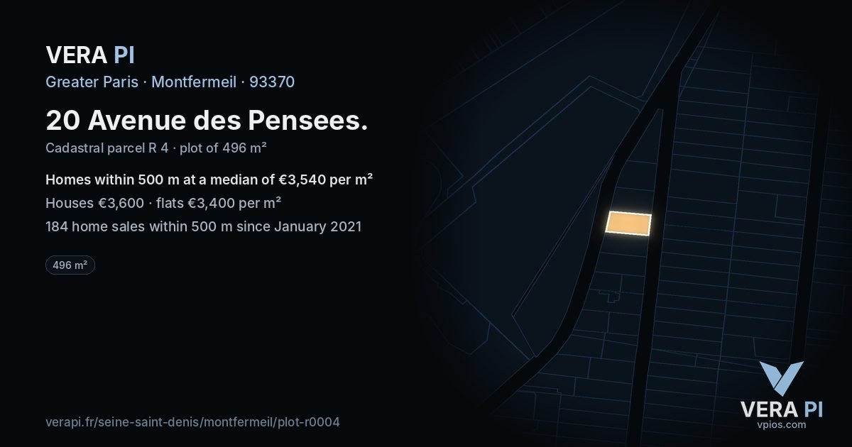 20 Avenue des Pensees, Montfermeil at night – the plot lit, the parcels around coloured by the prices near them