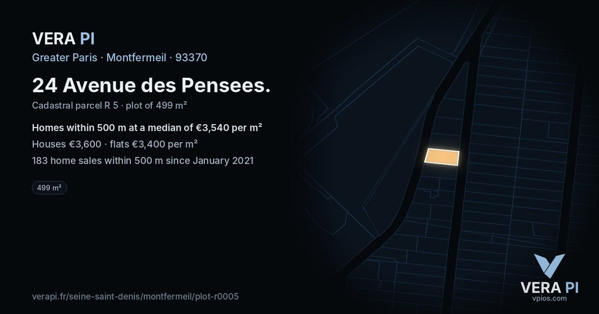 24 Avenue des Pensees, Montfermeil at night – the plot lit, the parcels around coloured by the prices near them