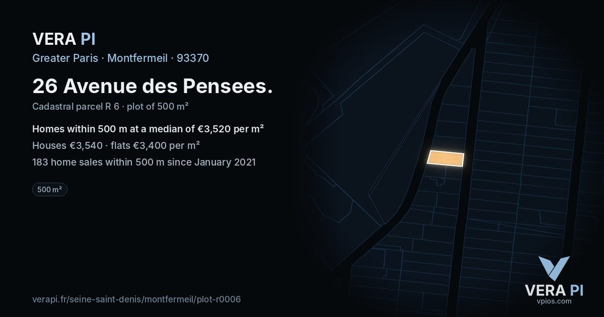 26 Avenue des Pensees, Montfermeil at night – the plot lit, the parcels around coloured by the prices near them