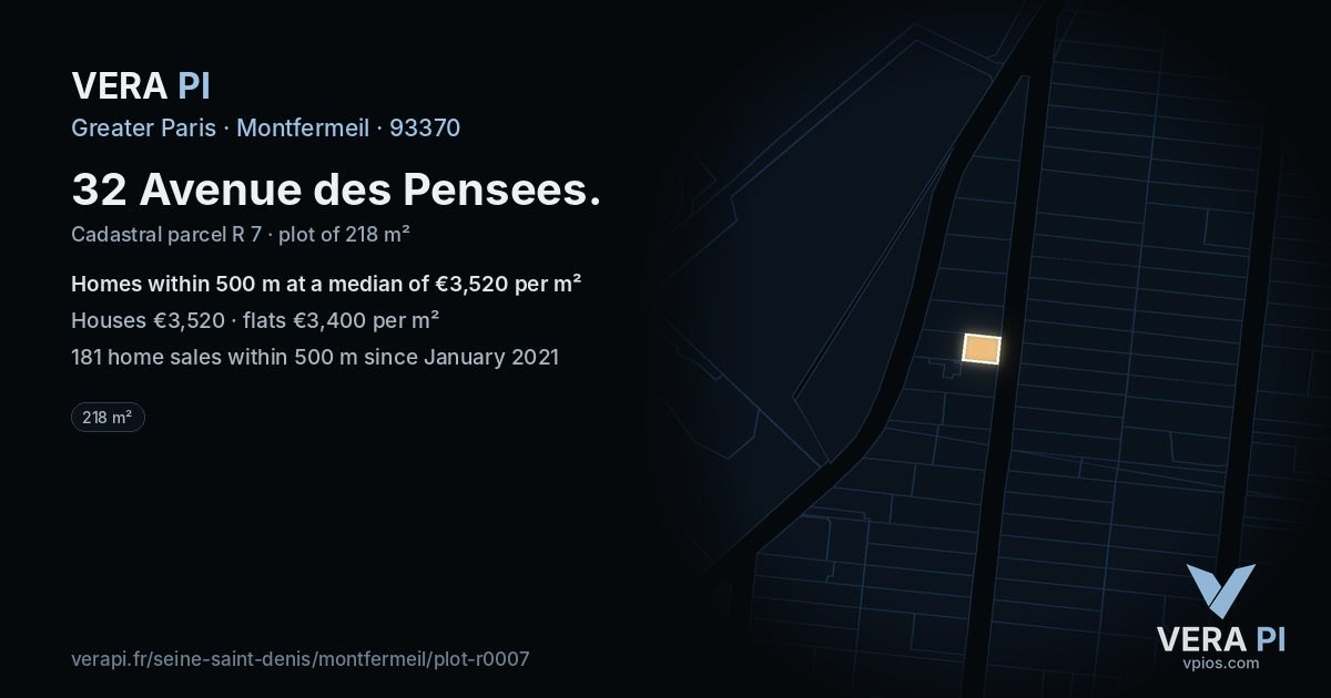 32 Avenue des Pensees, Montfermeil at night – the plot lit, the parcels around coloured by the prices near them