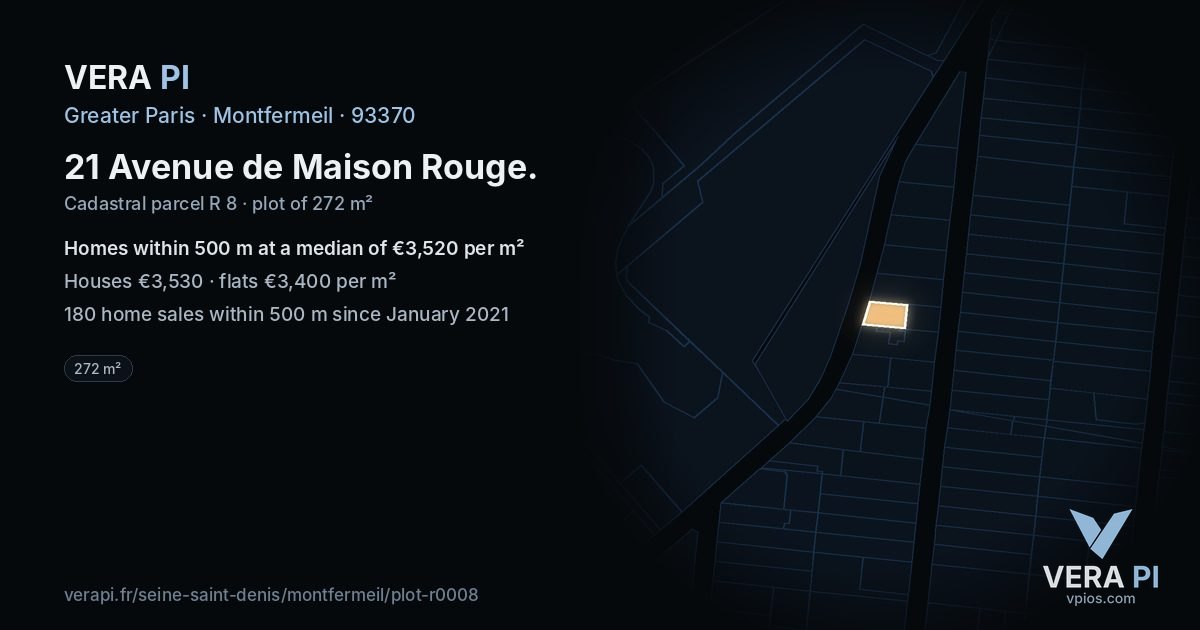 21 Avenue de Maison Rouge, Montfermeil at night – the plot lit, the parcels around coloured by the prices near them