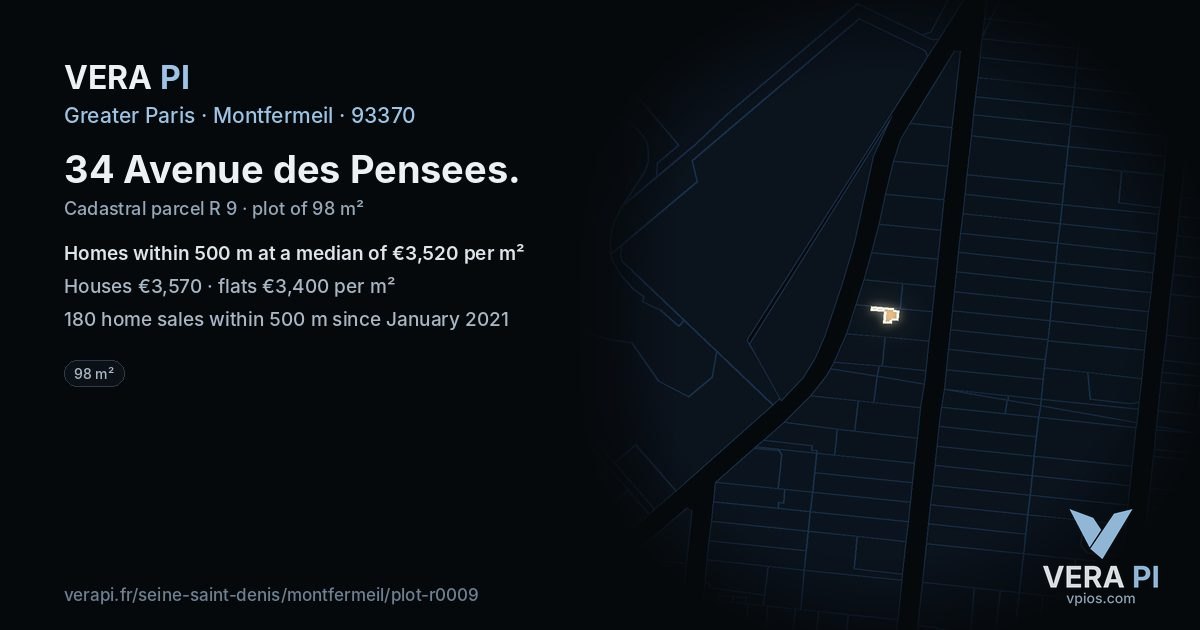 34 Avenue des Pensees, Montfermeil at night – the plot lit, the parcels around coloured by the prices near them