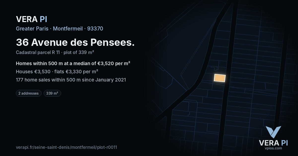 36 Avenue des Pensees, Montfermeil at night – the plot lit, the parcels around coloured by the prices near them