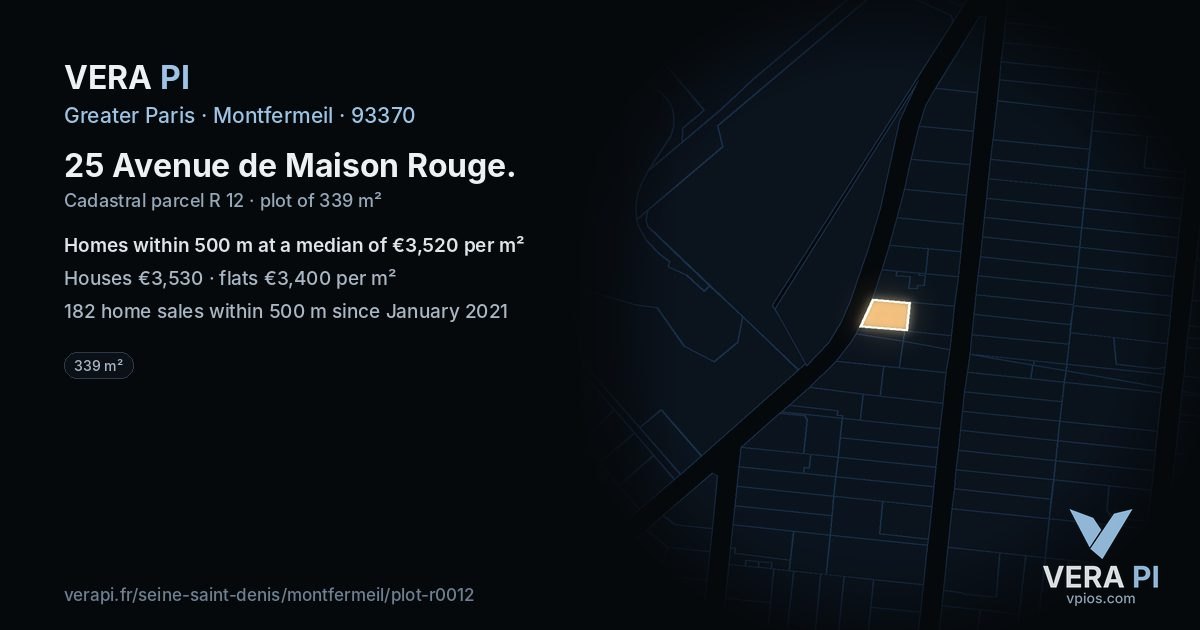 25 Avenue de Maison Rouge, Montfermeil at night – the plot lit, the parcels around coloured by the prices near them
