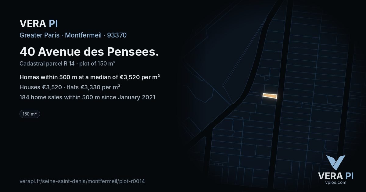 40 Avenue des Pensees, Montfermeil at night – the plot lit, the parcels around coloured by the prices near them