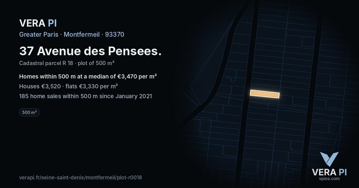 37 Avenue des Pensees, Montfermeil at night – the plot lit, the parcels around coloured by the prices near them