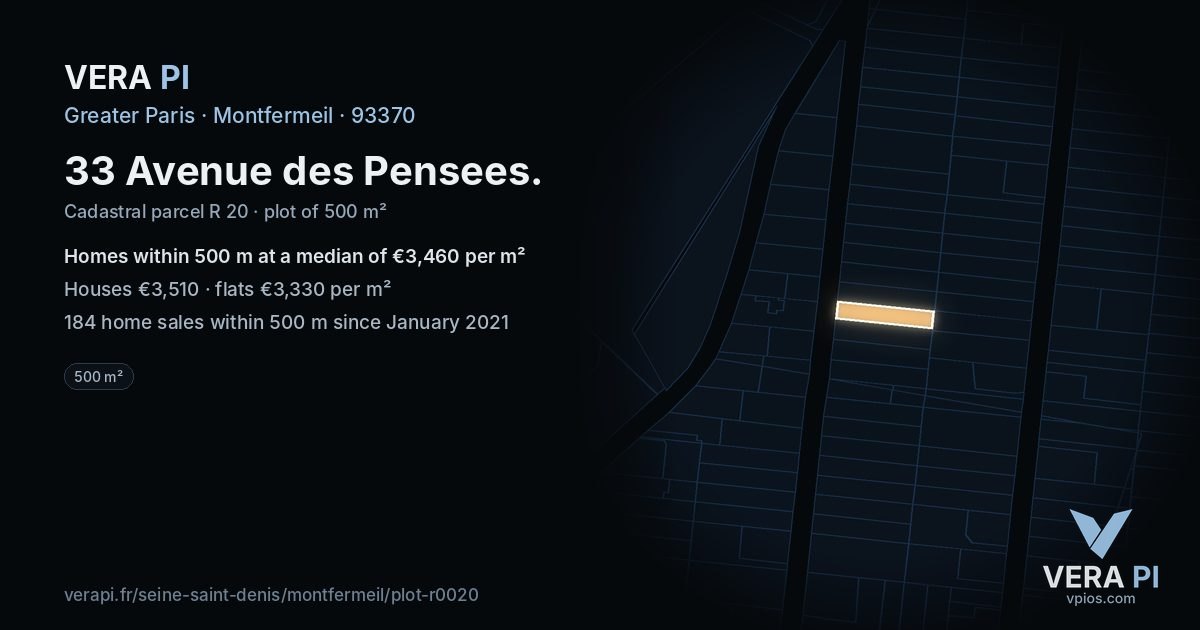 33 Avenue des Pensees, Montfermeil at night – the plot lit, the parcels around coloured by the prices near them