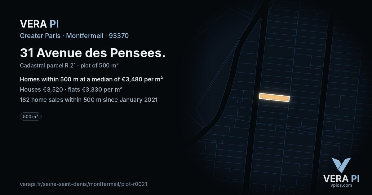 31 Avenue des Pensees, Montfermeil at night – the plot lit, the parcels around coloured by the prices near them