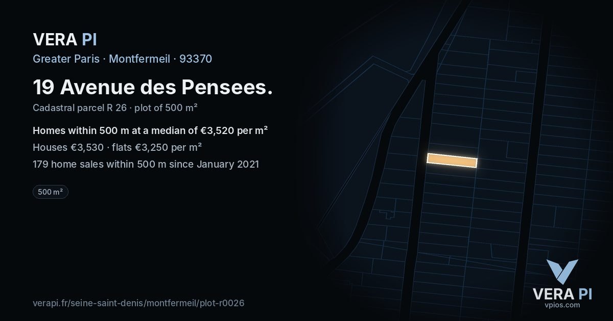 19 Avenue des Pensees, Montfermeil at night – the plot lit, the parcels around coloured by the prices near them