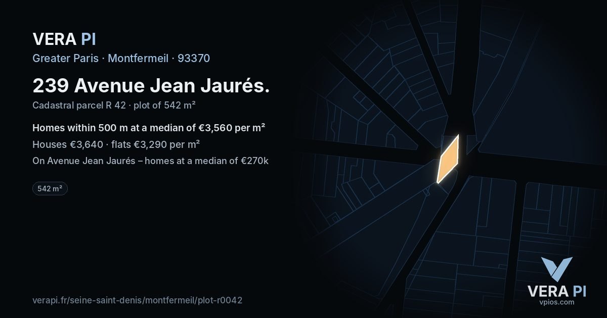 239 Avenue Jean Jaurés, Montfermeil at night – the plot lit, the parcels around coloured by the prices near them