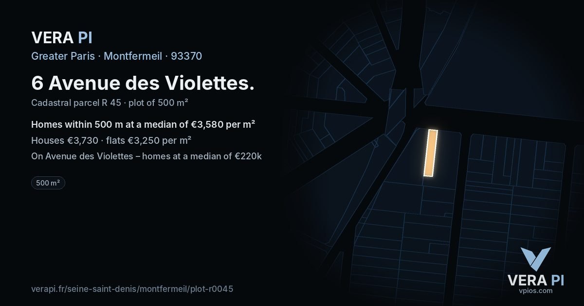 6 Avenue des Violettes, Montfermeil at night – the plot lit, the parcels around coloured by the prices near them