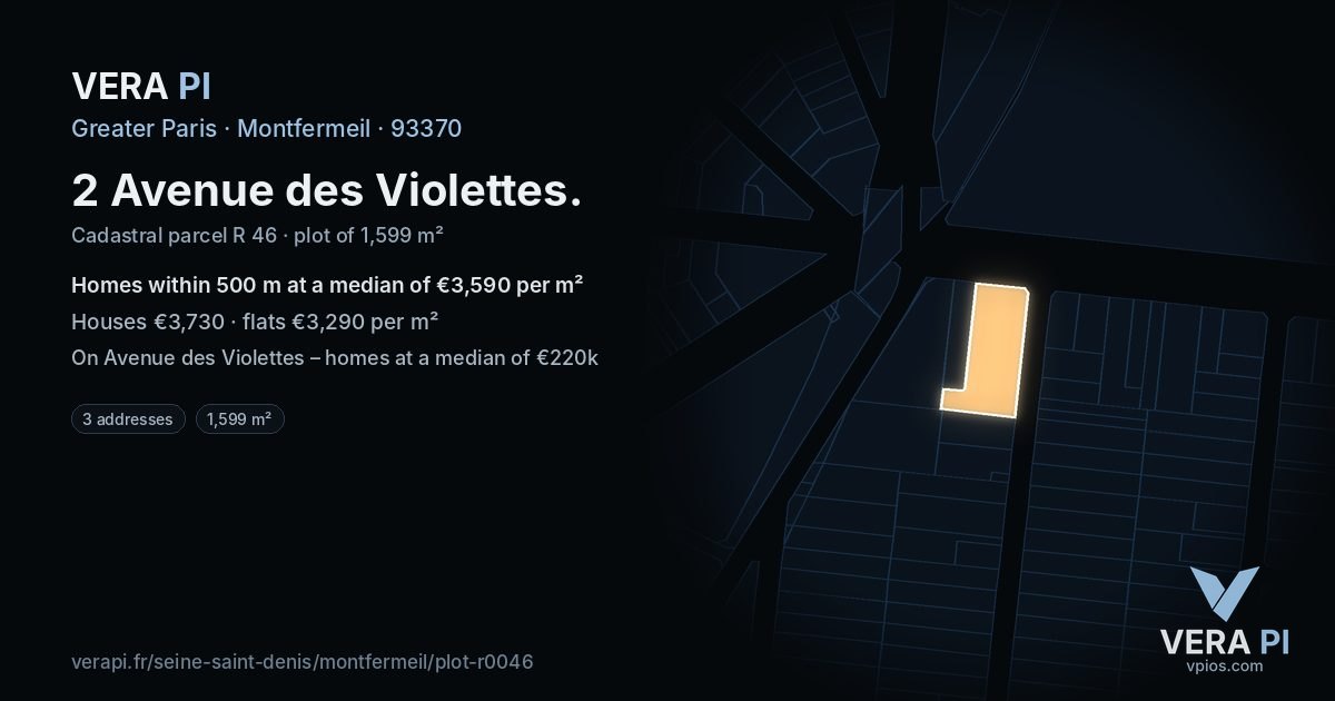 2 Avenue des Violettes, Montfermeil at night – the plot lit, the parcels around coloured by the prices near them