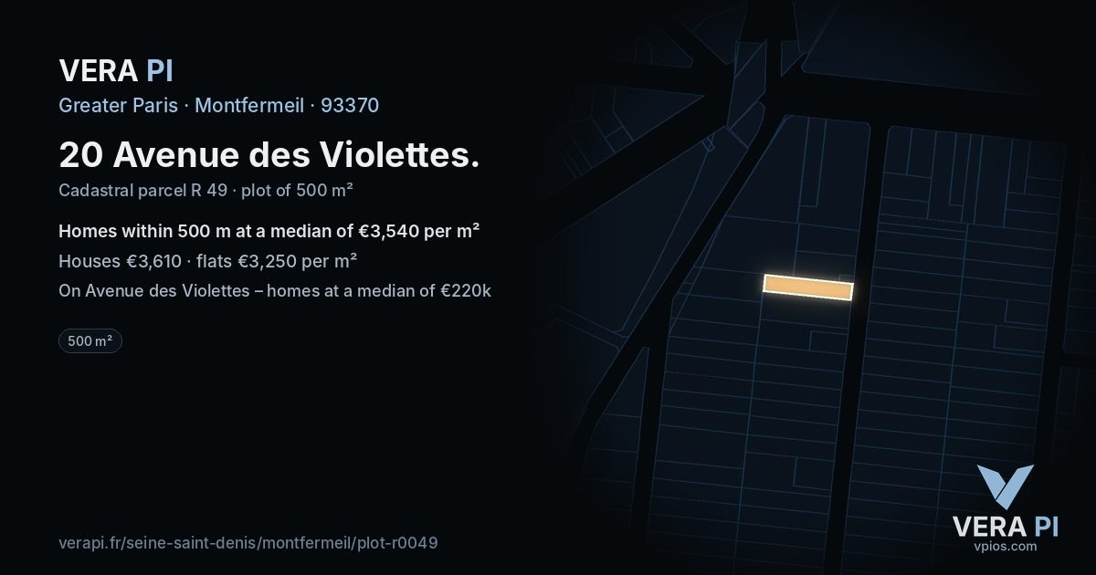 20 Avenue des Violettes, Montfermeil at night – the plot lit, the parcels around coloured by the prices near them