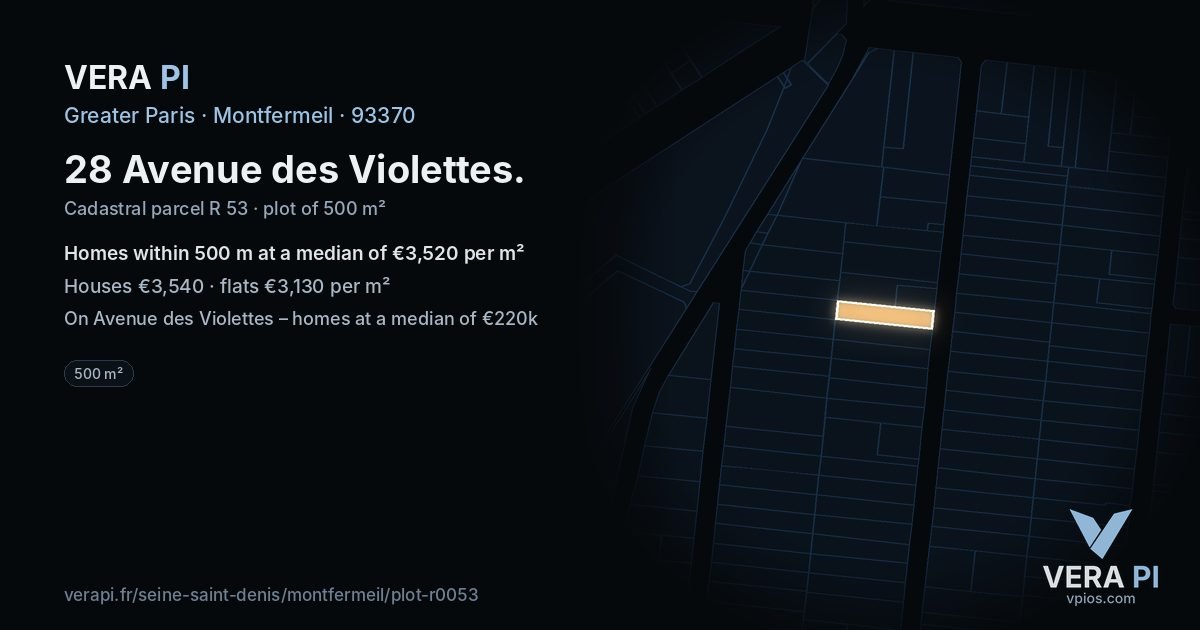 28 Avenue des Violettes, Montfermeil at night – the plot lit, the parcels around coloured by the prices near them