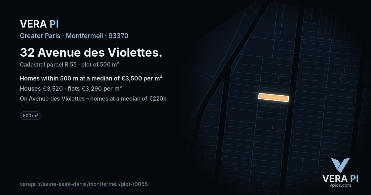 32 Avenue des Violettes, Montfermeil at night – the plot lit, the parcels around coloured by the prices near them