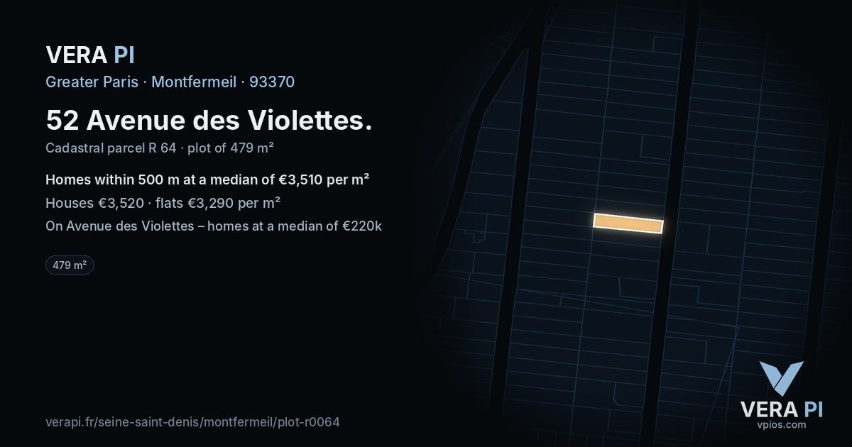 52 Avenue des Violettes, Montfermeil at night – the plot lit, the parcels around coloured by the prices near them