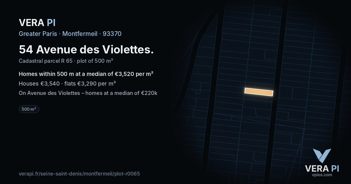 54 Avenue des Violettes, Montfermeil at night – the plot lit, the parcels around coloured by the prices near them