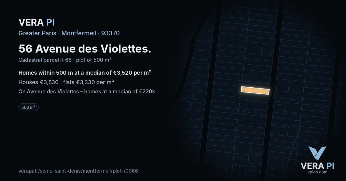 56 Avenue des Violettes, Montfermeil at night – the plot lit, the parcels around coloured by the prices near them
