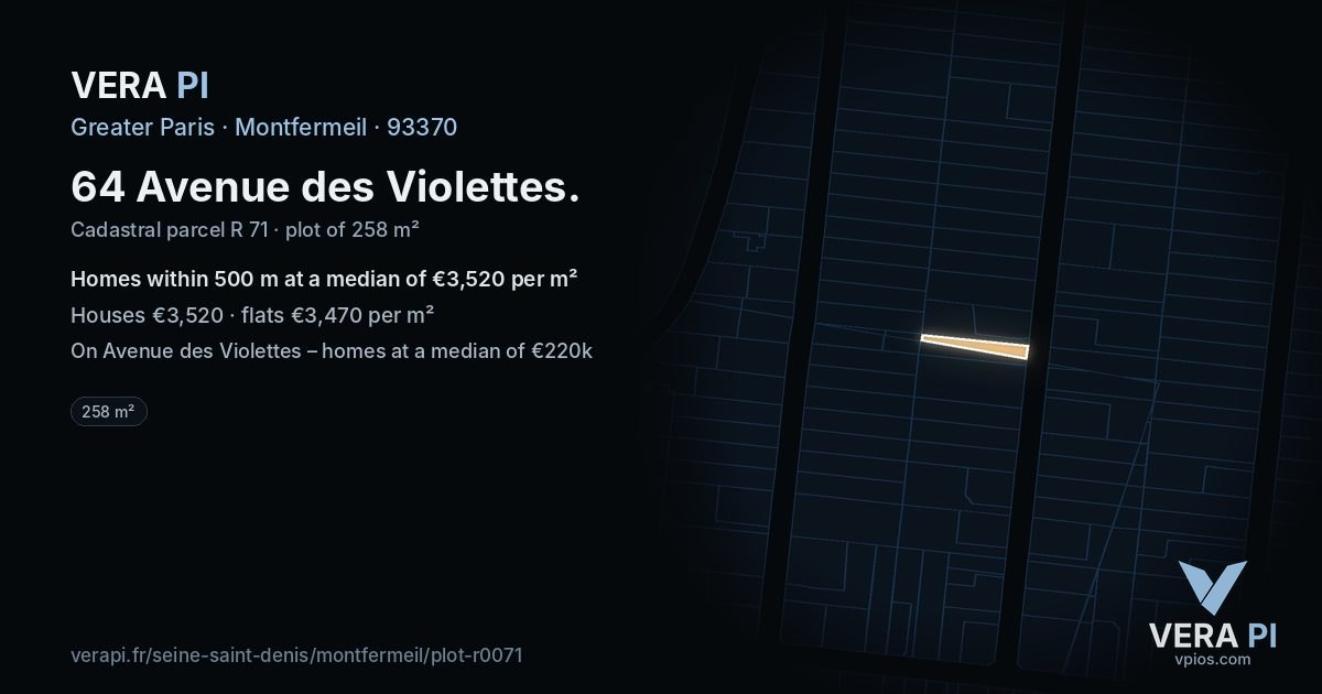 64 Avenue des Violettes, Montfermeil at night – the plot lit, the parcels around coloured by the prices near them