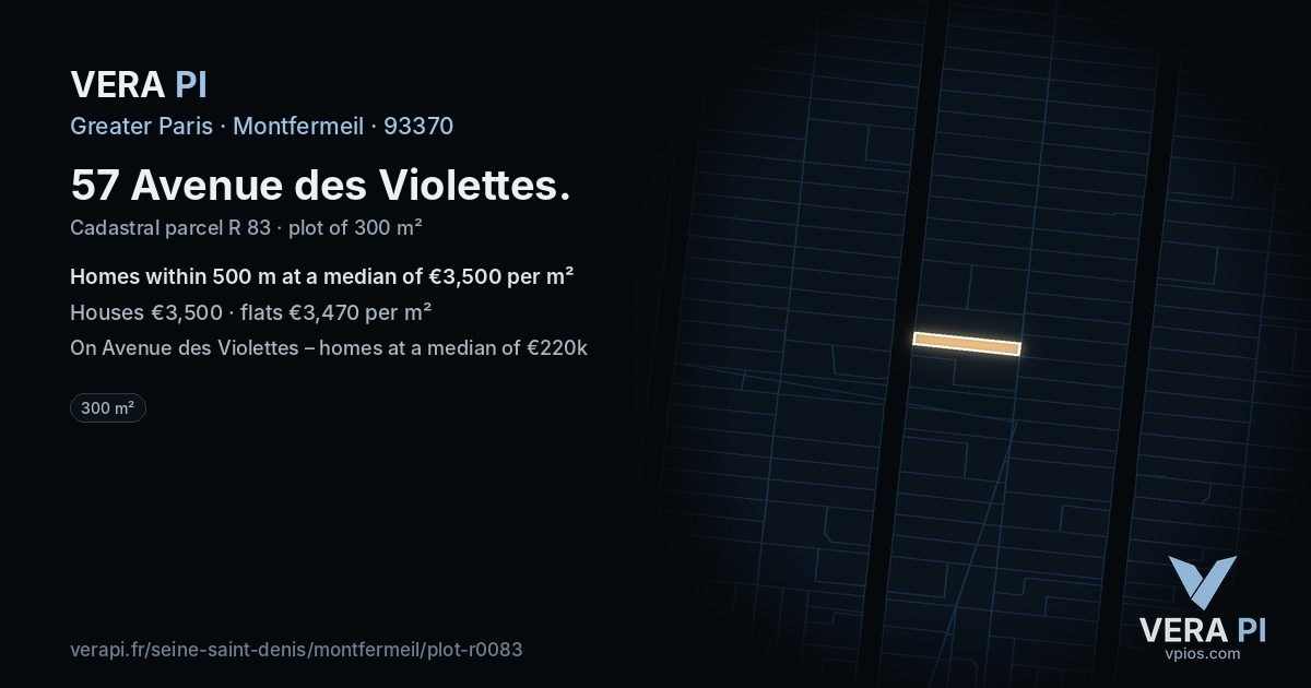 57 Avenue des Violettes, Montfermeil at night – the plot lit, the parcels around coloured by the prices near them
